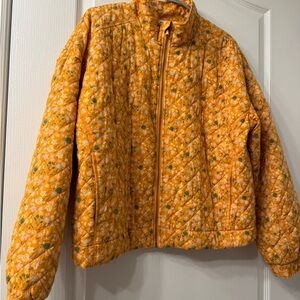 Quilted Bomber Jacket in Mustard Yellow with Green and White Floral Print